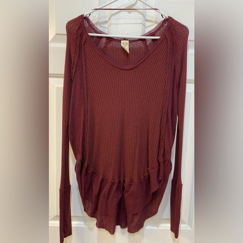 We The Free Waffle Knit Blouse Thermal Top Curved Hem Bohemian Women's Size XS